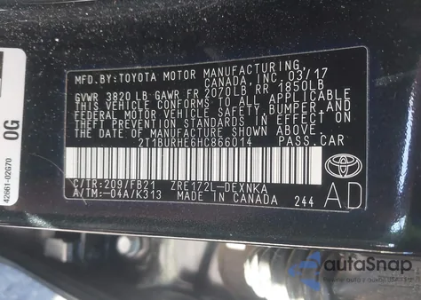 2017 Toyota Corolla Le z USA, uszkodzony, nr VIN 2T1BURHE6HC866014